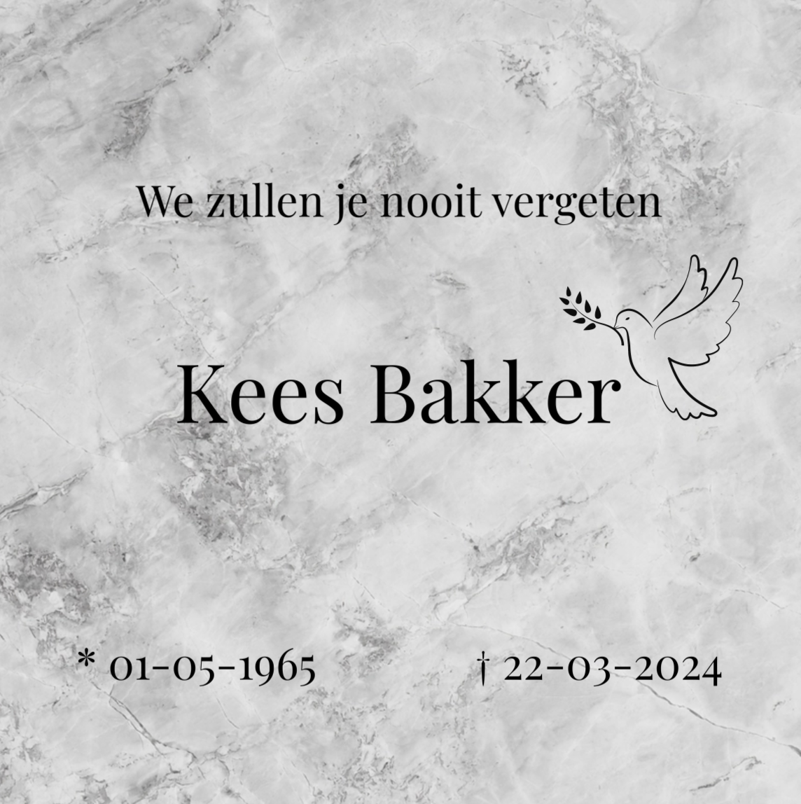 Algemene tijdelijke grafbedekking 50x50 cm in grijs marmer look, naam Kees Bakker, 01-05-1965 – 22-03-2024, symbool vredesduif.