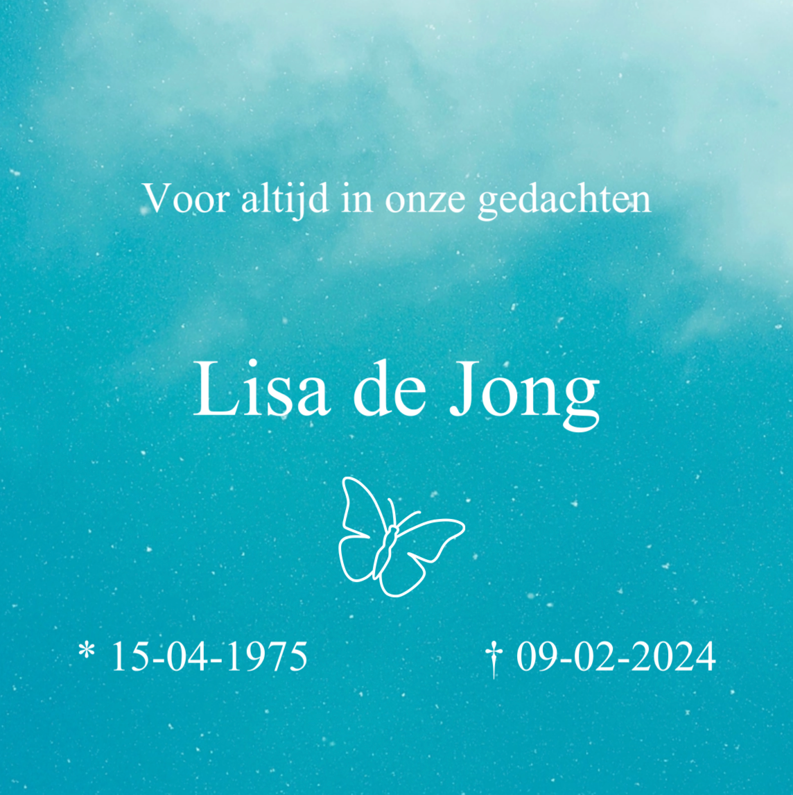 Algemene tijdelijke grafbedekking 50x50 cm met luchtverloop achtergrond, modern ontwerp, naam Lisa de Jong, vlindersymbool, 15-04-1975 – 09-02-2024.