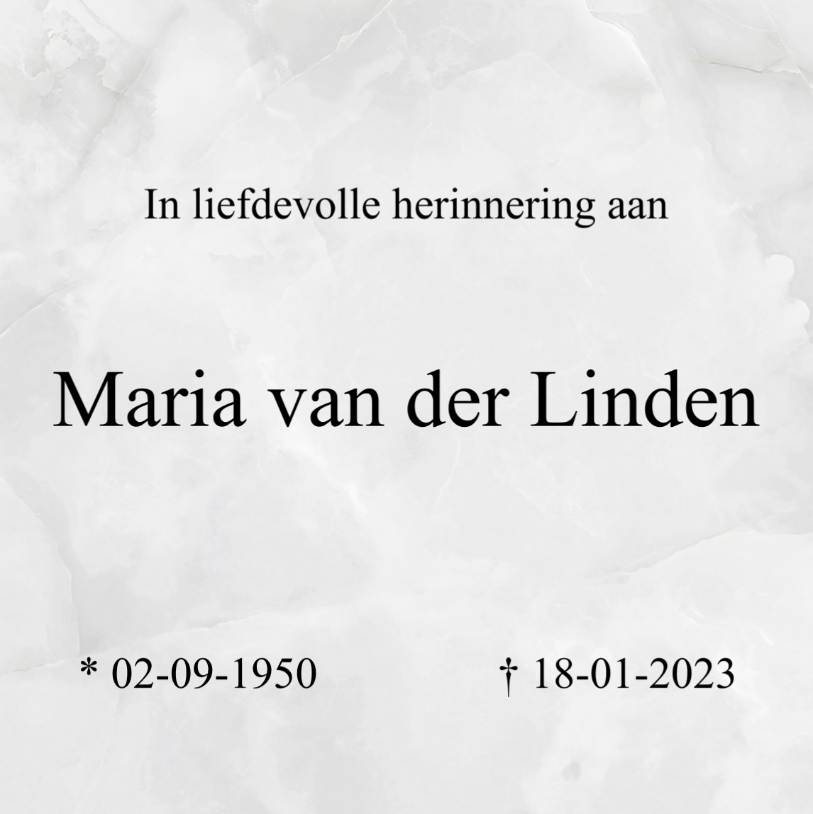 Algemene tijdelijke grafbedekking 50x50 cm in wit marmer look, Maria van der Linden, 02-09-1950 – 18-01-2023.
