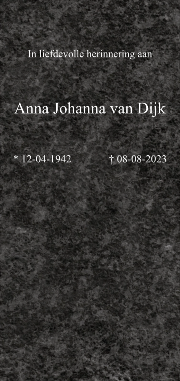 Tijdelijke grafbedekking regulier graf 70x150 cm, eenvoudig ontwerp in grijs granietlook, naam Anna Johanna van Dijk, 12-04-1942 – 08-08-2023.