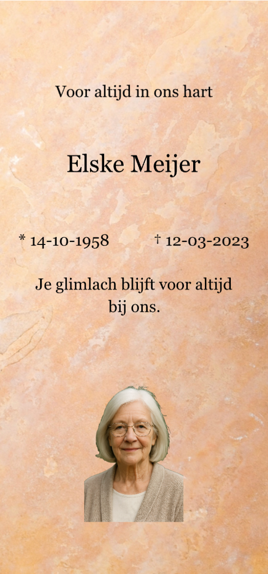 Tijdelijke grafbedekking regulier graf 70x150 cm, persoonlijke uitvoering in zandsteenlook met foto, naam Elske Meijer, 14-10-1958 – 12-03-2023.
