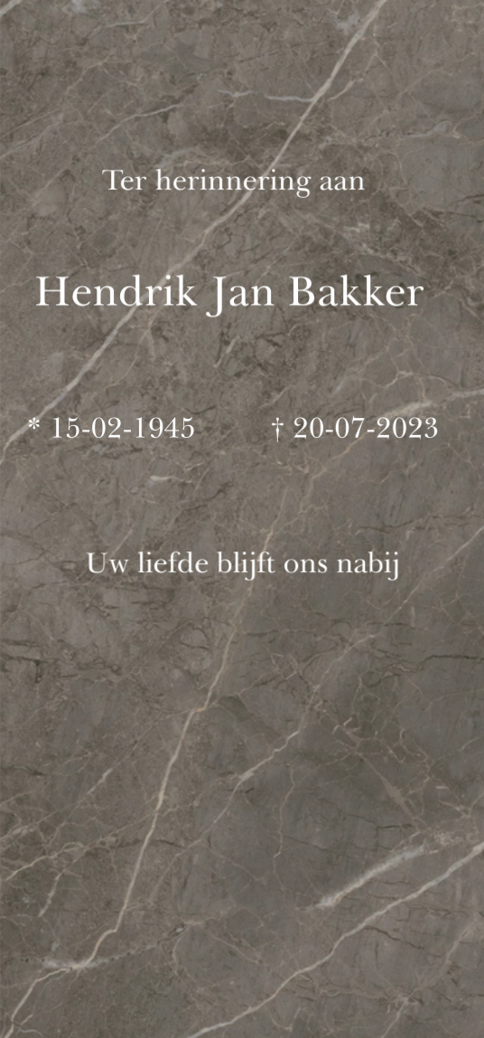 Tijdelijke grafbedekking regulier graf 70x150 cm in neutrale grijze steenlook, tekst 'Ter herinnering aan', naam Hendrik Jan Bakker, 15-02-1945 – 20-07-2023.