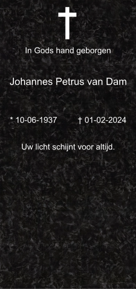 Tijdelijke grafbedekking regulier graf 70x150 cm, traditioneel ontwerp met kruis, zwarte granietlook, naam Johannes Petrus van Dam, 10-06-1937 – 01-02-2024.