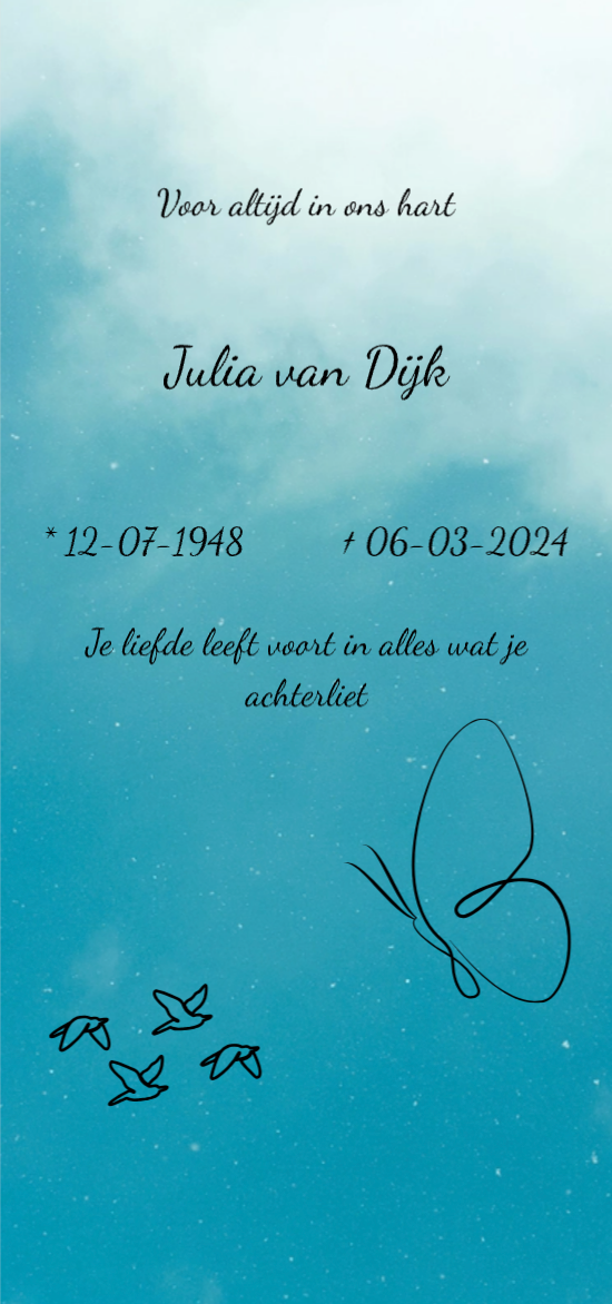 Tijdelijke grafbedekking regulier graf 70x150 cm, moderne uitvoering met blauw luchtverloop, naam Julia van Dijk, 12-07-1948 – 06-03-2024, symbolen vogels en vlinder.