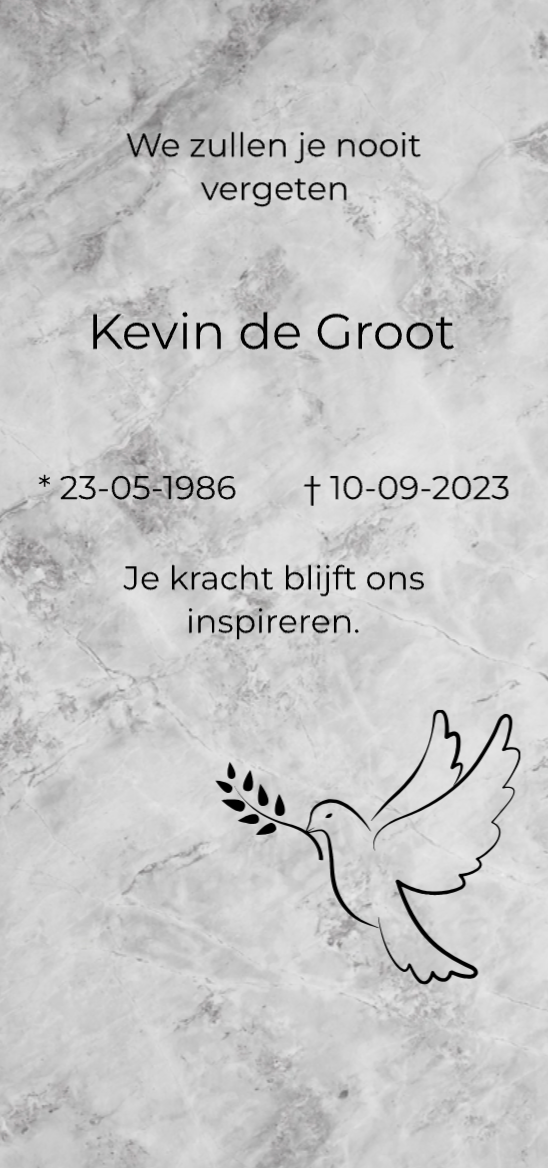 Tijdelijke grafbedekking regulier graf 70x150 cm, serene uitvoering in grijze marmerlook, naam Kevin de Groot, 23-05-1986 – 10-09-2023, symbool duif met olijftak.